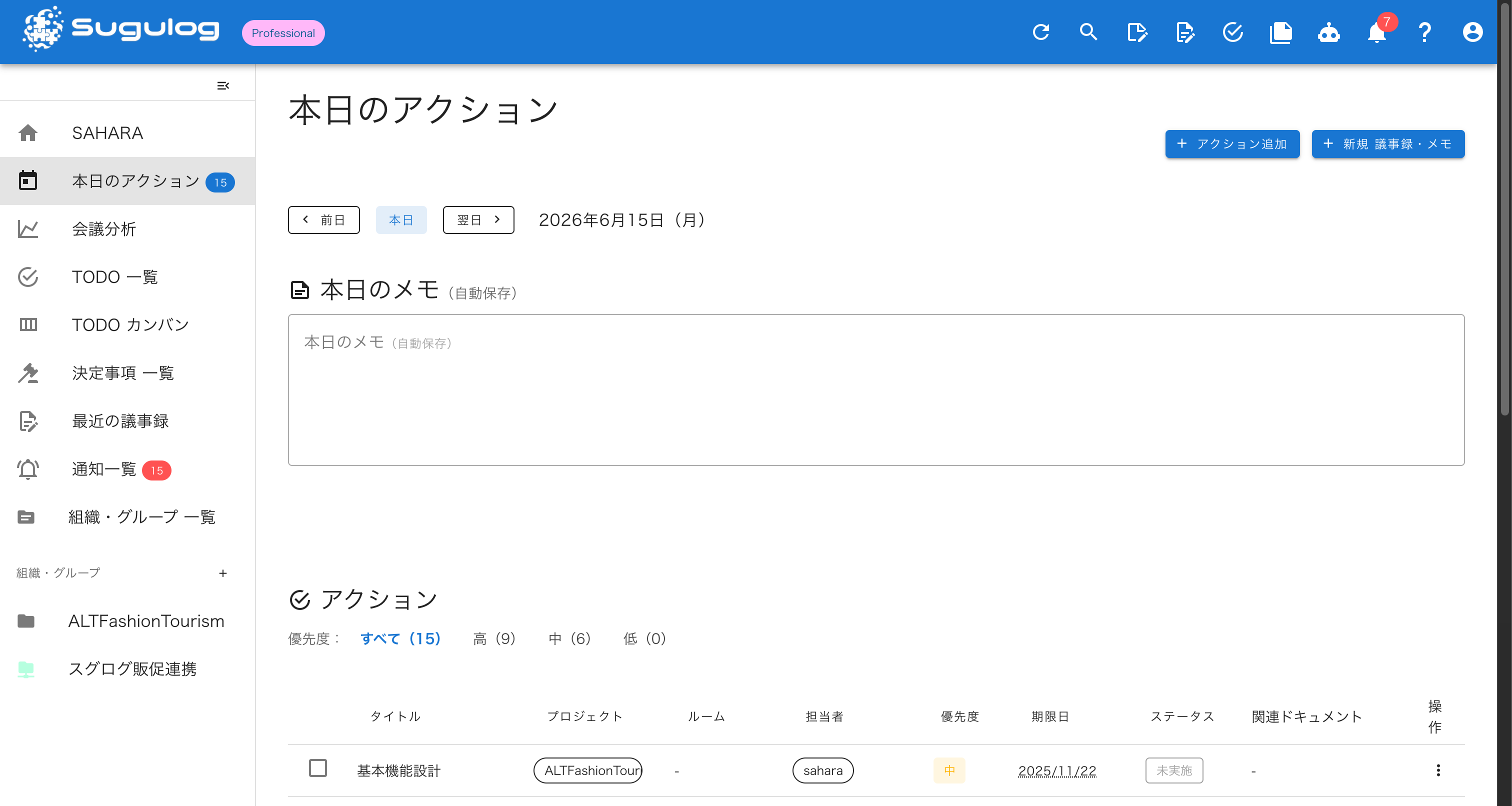 本日のアクション